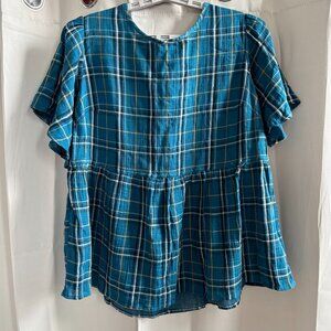 Terra Sky Women Top Sz 14W‎ Plaid Flutter Peplum Hem Boho Academia Stretch 18210